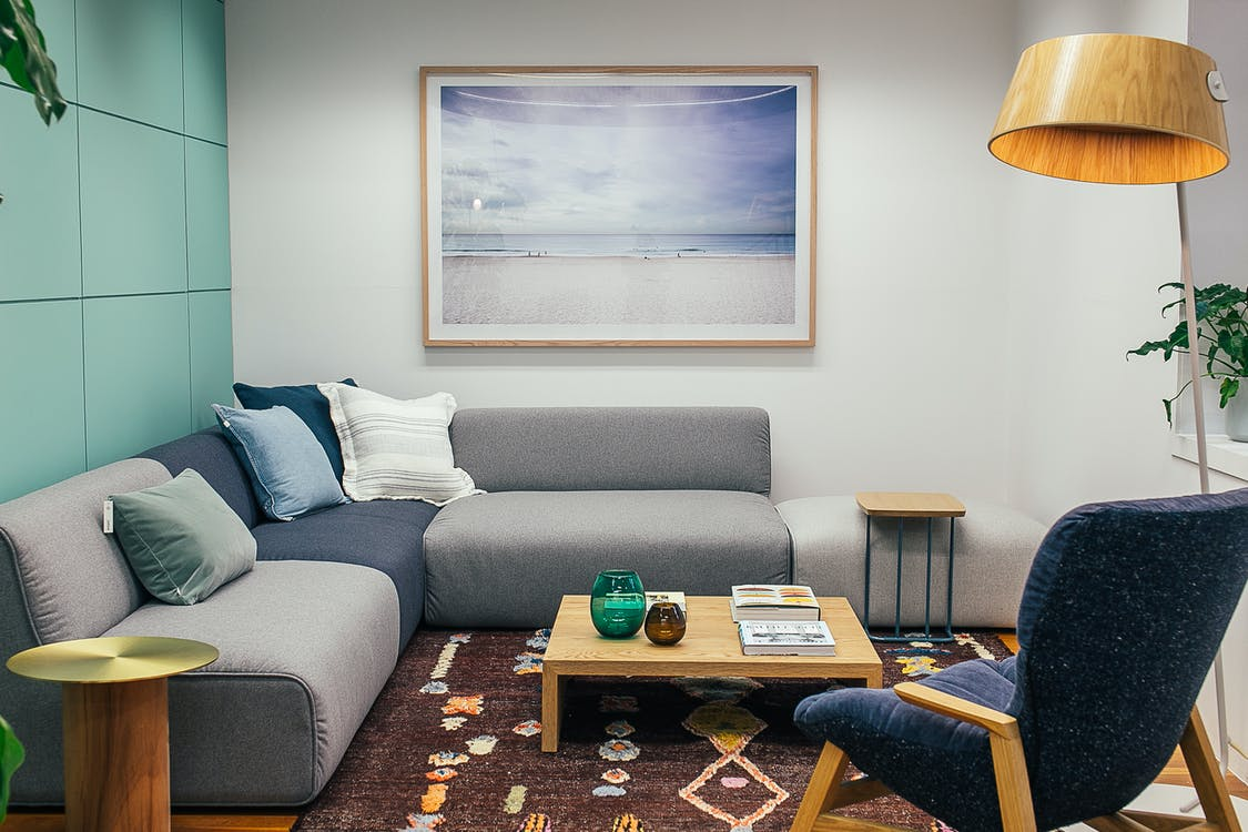 A modern living room with wood coffee table