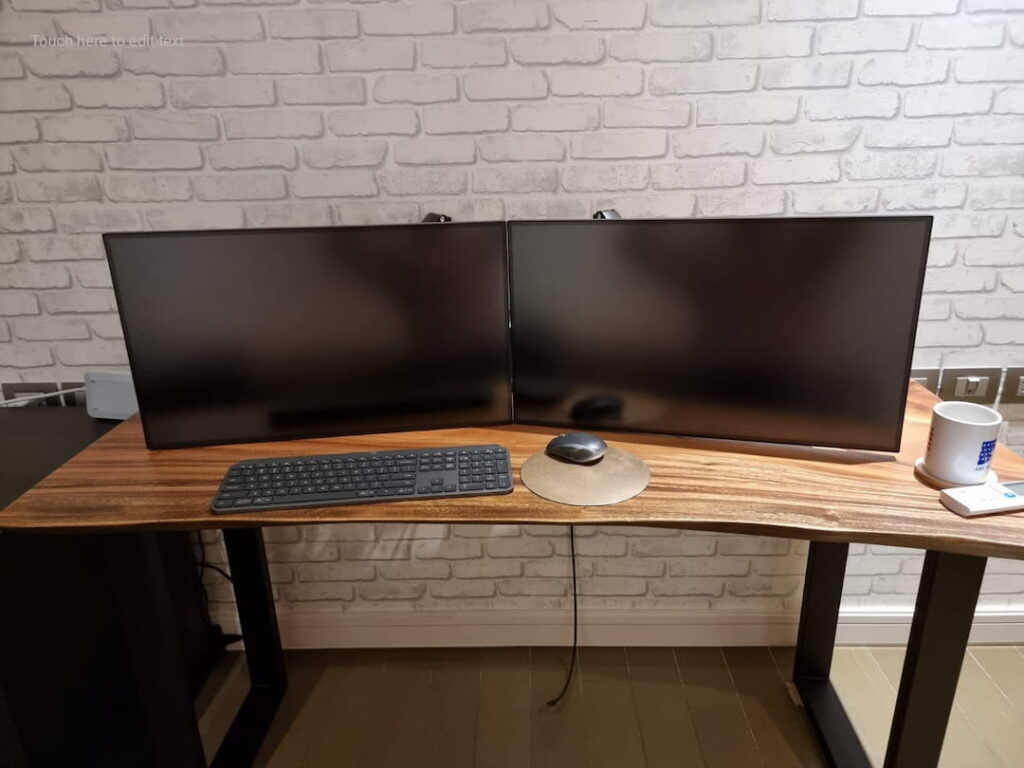 acacia desk with two monitors